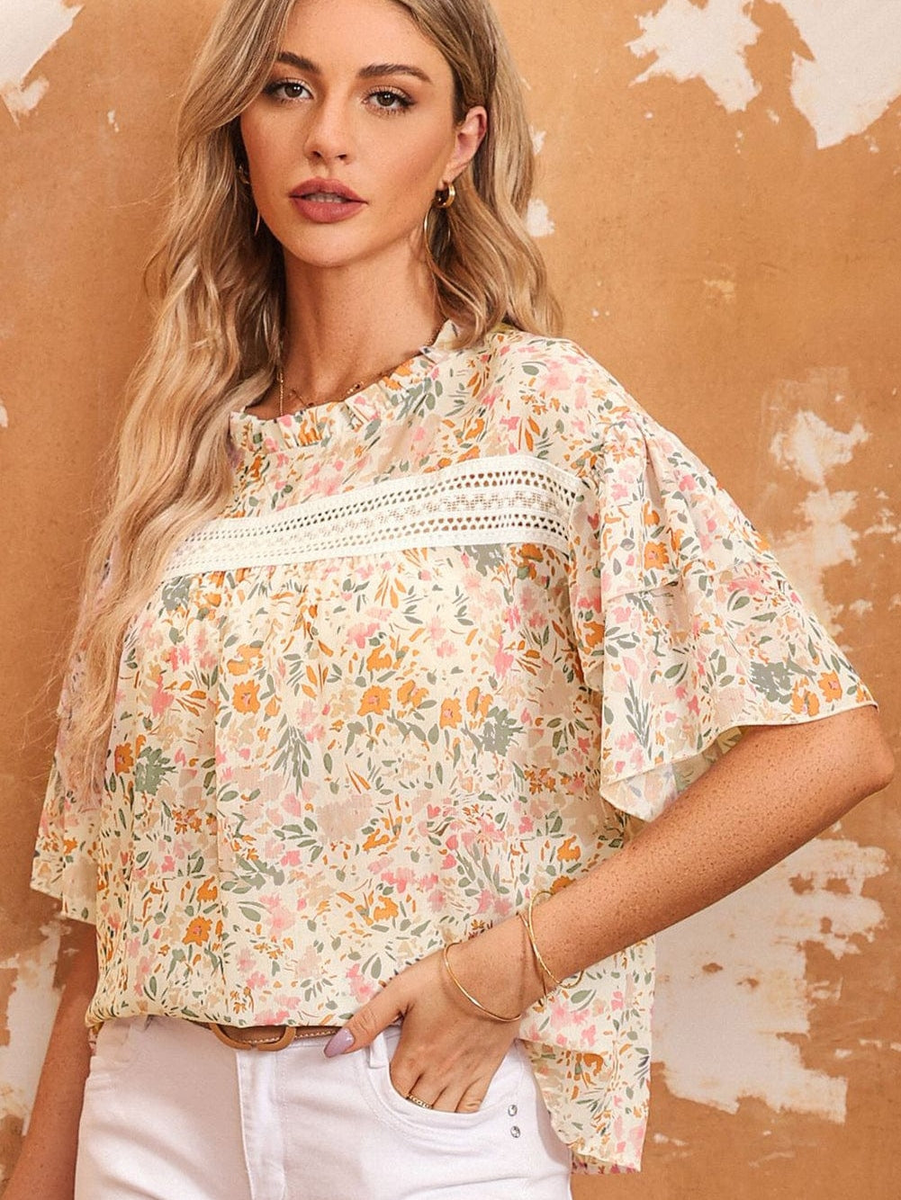 Floral Lace Accent Ruffle Sleeve Blouse