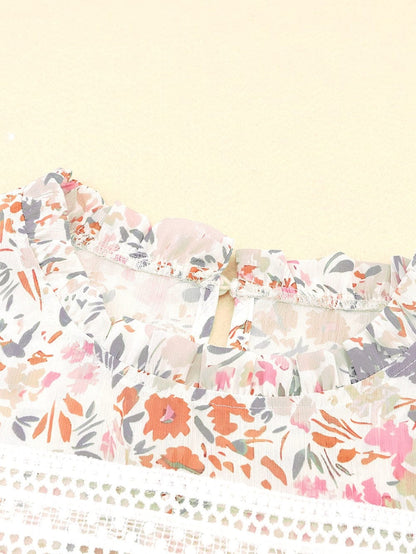 Floral Lace Accent Ruffle Sleeve Blouse