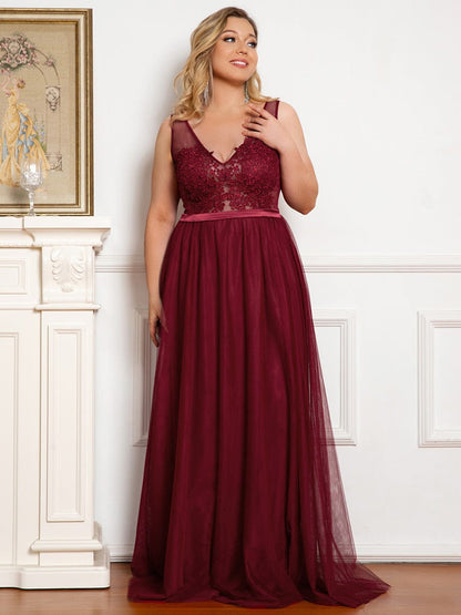 Floral Lace Appliques A-Line Plus Size Bridesmaid Gown