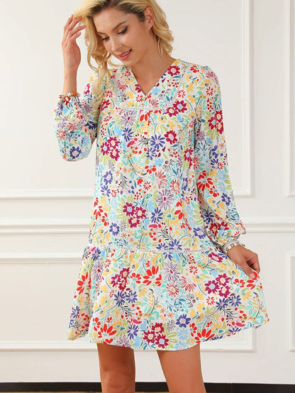 Floral Lace Eyelet V Neck Flared Mini Dress with Multicolor Print