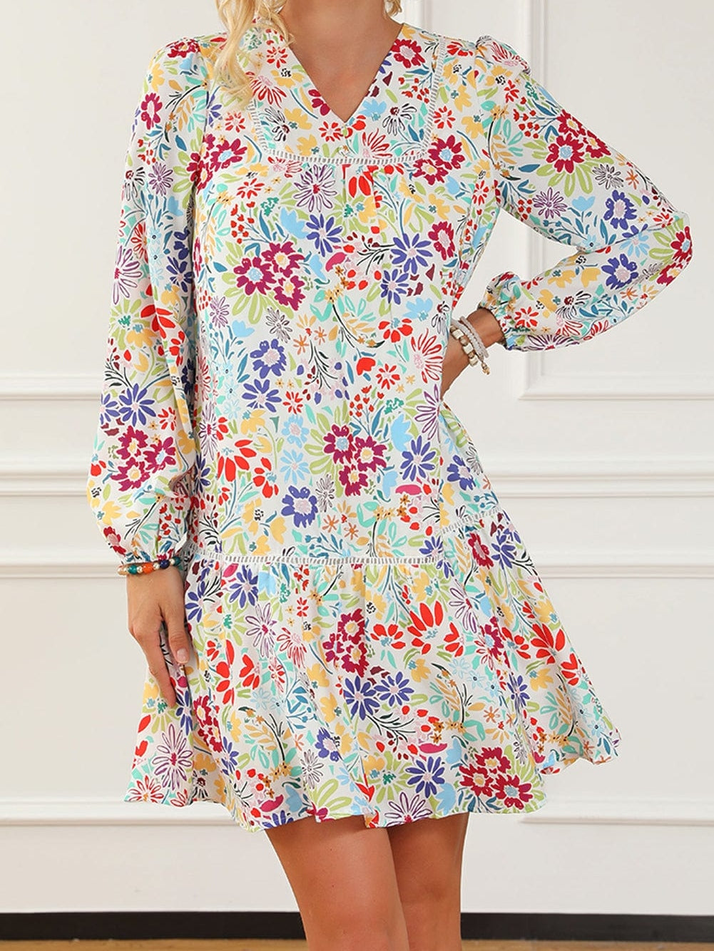 Floral Lace Eyelet V Neck Flared Mini Dress with Multicolor Print