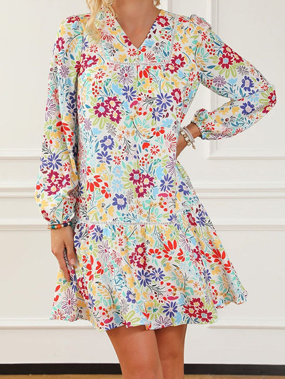 Floral Lace Eyelet V Neck Flared Mini Dress with Multicolor Print