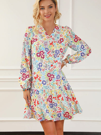 Floral Lace Eyelet V Neck Flared Mini Dress with Multicolor Print