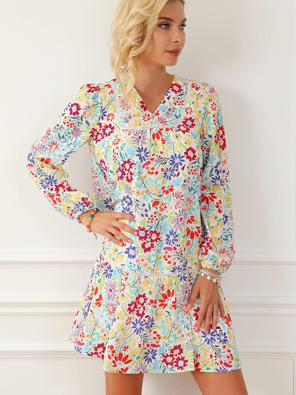 Floral Lace Eyelet V Neck Flared Mini Dress with Multicolor Print