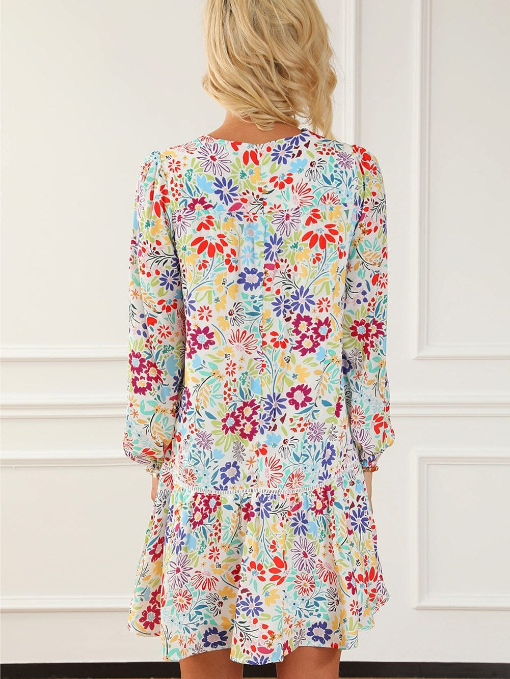 Floral Lace Eyelet V Neck Flared Mini Dress with Multicolor Print