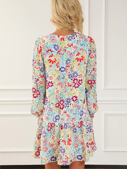 Floral Lace Eyelet V Neck Flared Mini Dress with Multicolor Print