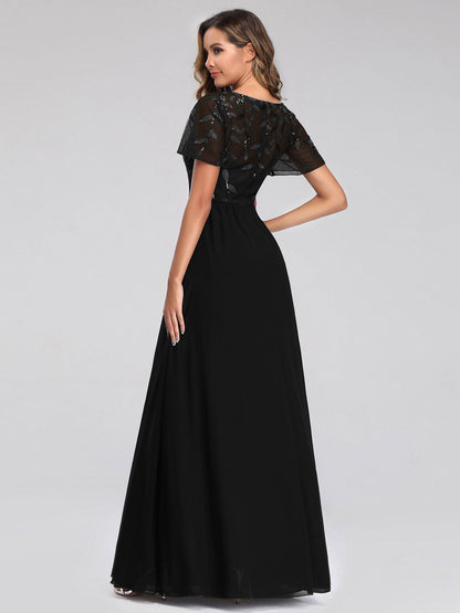 Floral Lace Sequin Print Evening Gown With Cap Sleeve