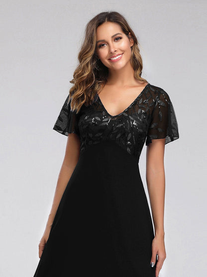 Floral Lace Sequin Print Evening Gown With Cap Sleeve