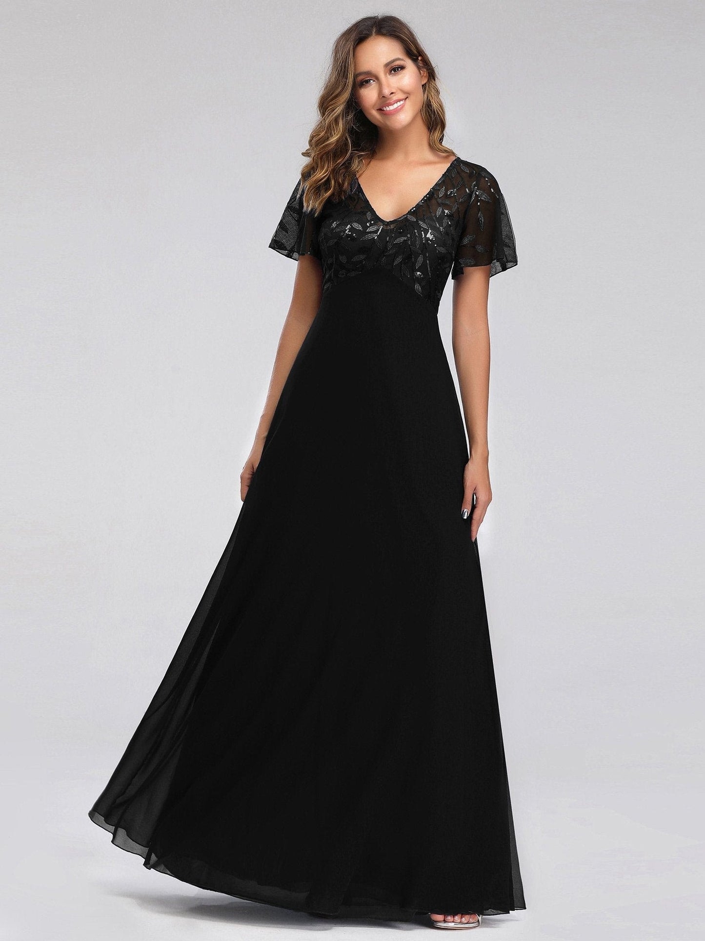 Floral Lace Sequin Print Evening Gown With Cap Sleeve