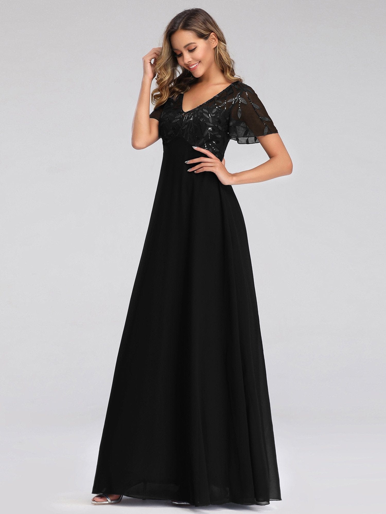 Floral Lace Sequin Print Evening Gown With Cap Sleeve
