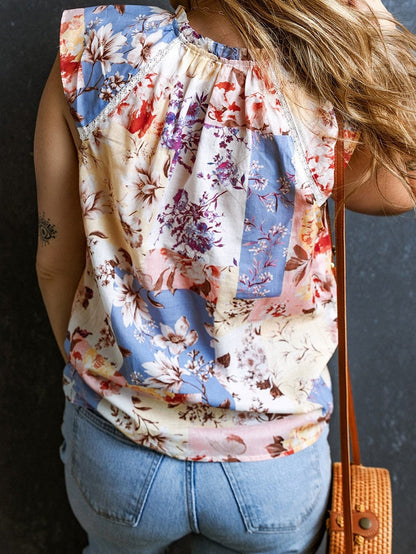 Floral Lace Trim V-Neck Cap Sleeve Blouse with Multicolor Print