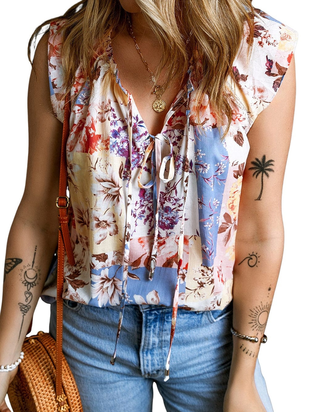 Floral Lace Trim V-Neck Cap Sleeve Blouse with Multicolor Print