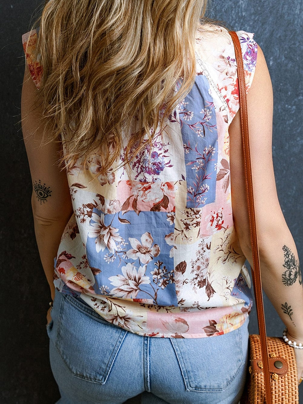 Floral Lace Trim V-Neck Cap Sleeve Blouse with Multicolor Print