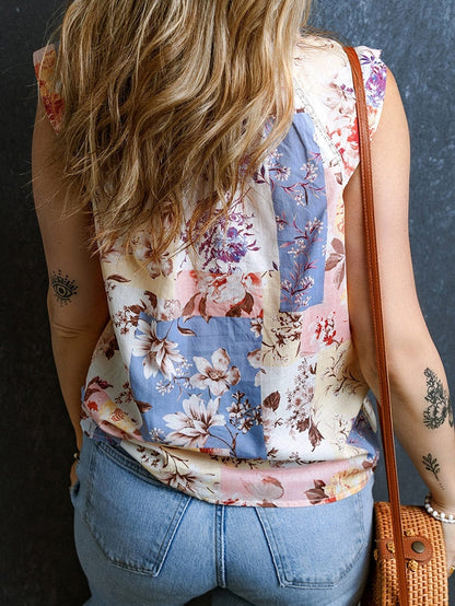 Floral Lace Trim V-Neck Cap Sleeve Blouse with Multicolor Print