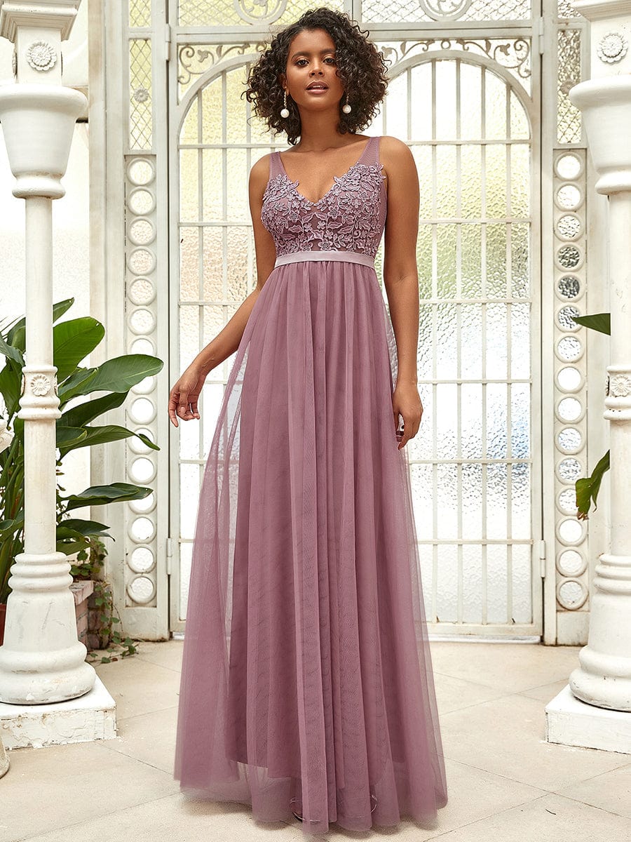 Floral Lace V-Neck A-Line Bridesmaid Gown