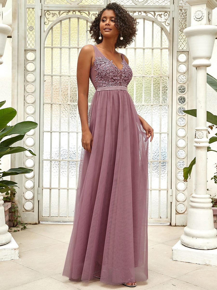 Floral Lace V-Neck A-Line Bridesmaid Gown