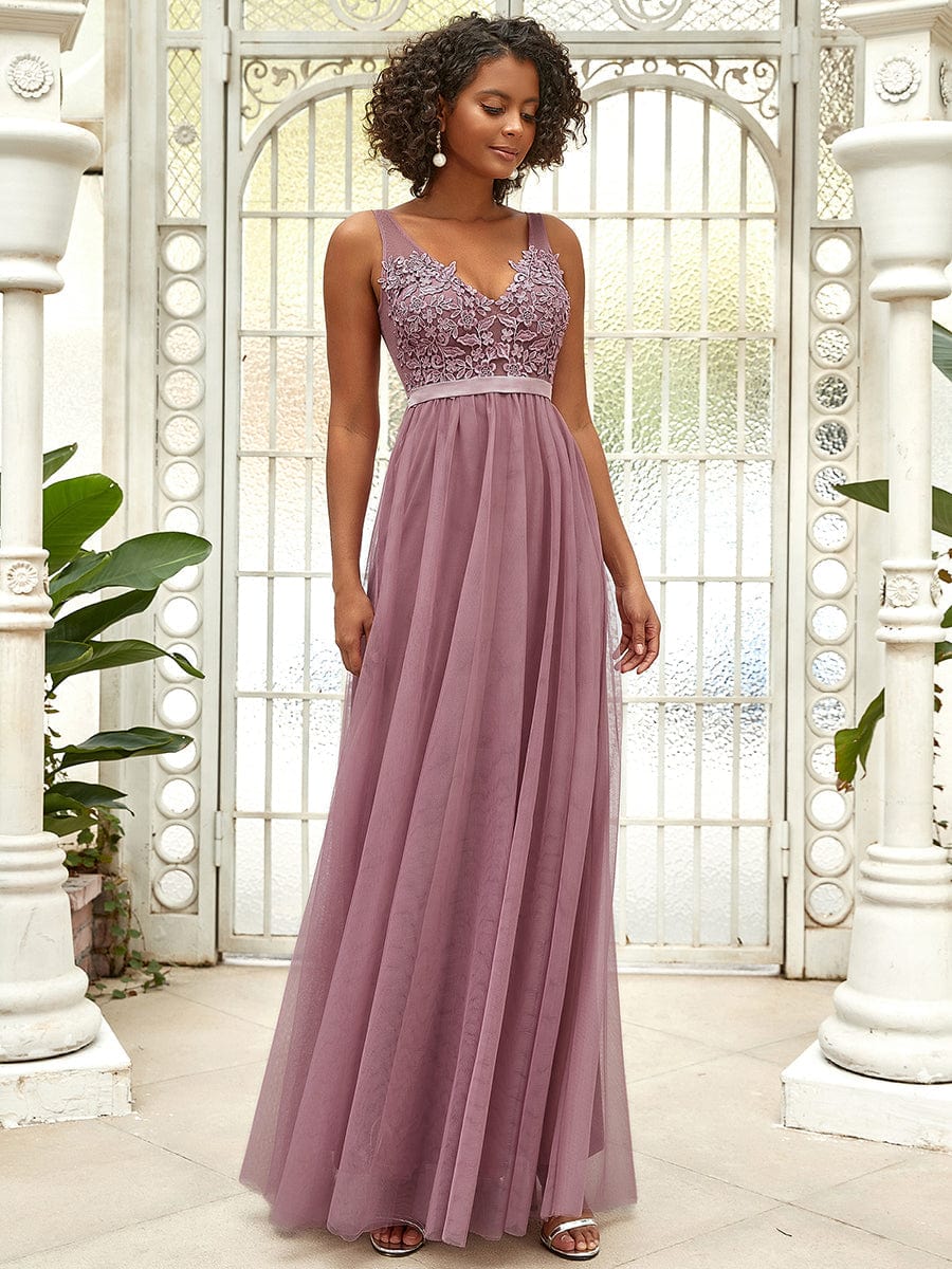 Floral Lace V-Neck A-Line Bridesmaid Gown
