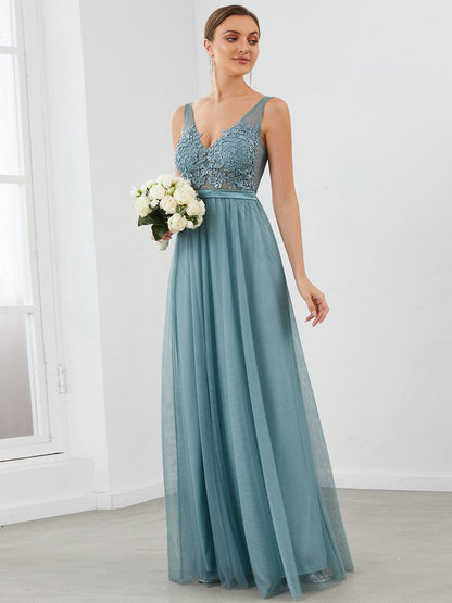 Floral Lace V-Neck A-Line Bridesmaid Gown