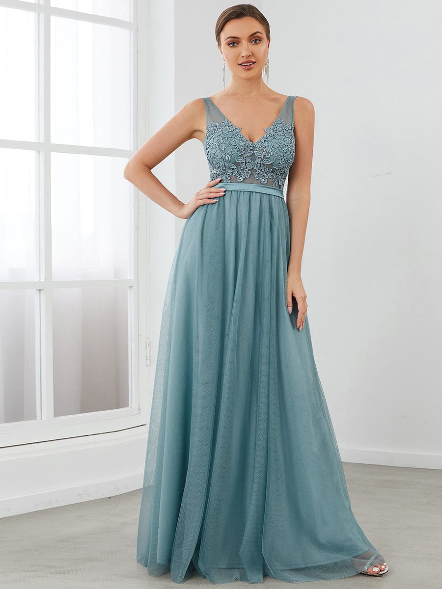 Floral Lace V-Neck A-Line Bridesmaid Gown
