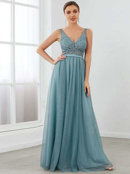 Floral Lace V-Neck A-Line Bridesmaid Gown
