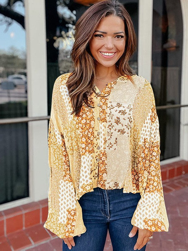 Floral Lantern Sleeve Bohemian Shirt for Women