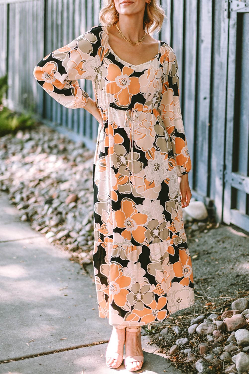 Floral Maxi Dress with Puff Sleeves and Drawstring Waist