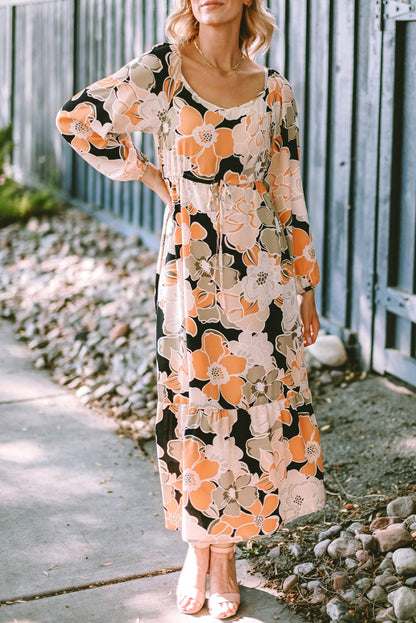 Floral Maxi Dress with Puff Sleeves and Drawstring Waist