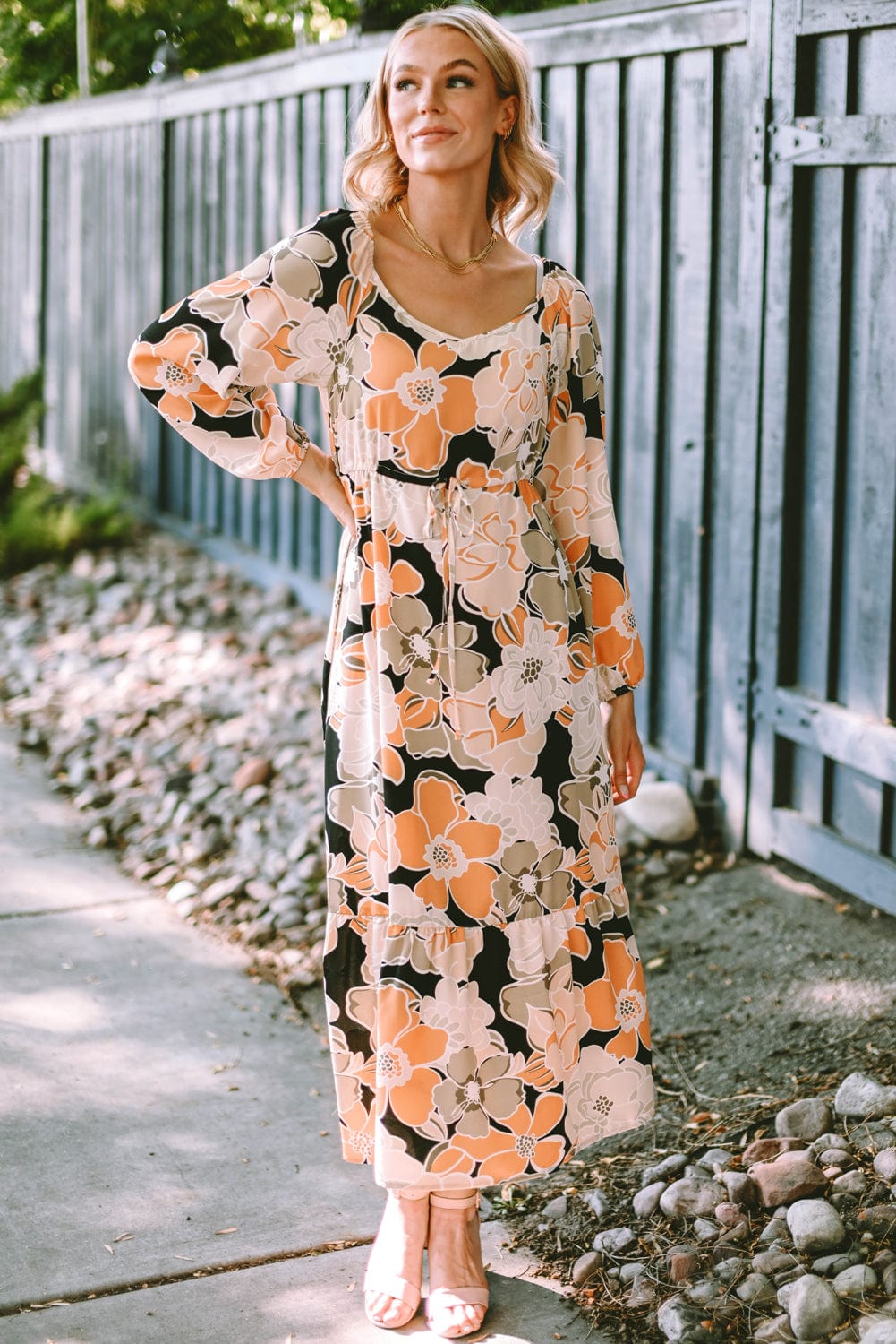Floral Maxi Dress with Puff Sleeves and Drawstring Waist