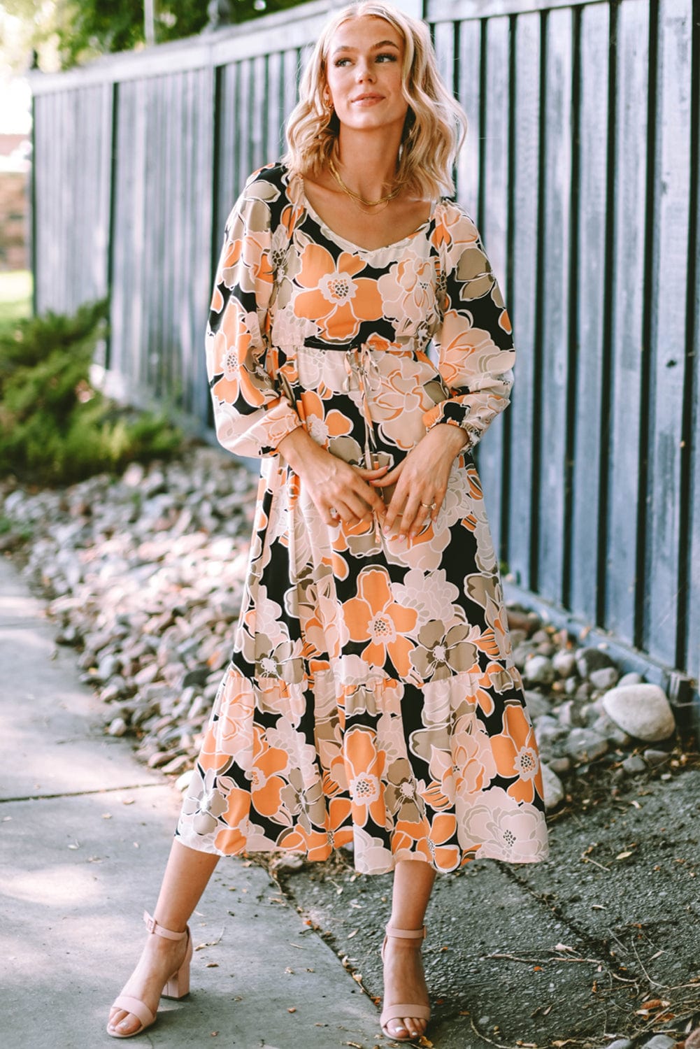 Floral Maxi Dress with Puff Sleeves and Drawstring Waist