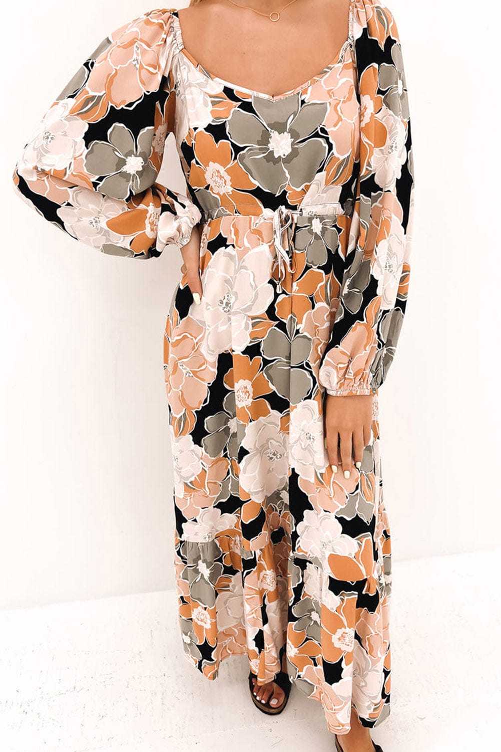 Floral Maxi Dress with Puff Sleeves and Drawstring Waist