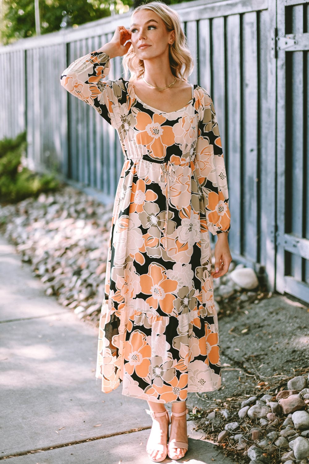 Floral Maxi Dress with Puff Sleeves and Drawstring Waist