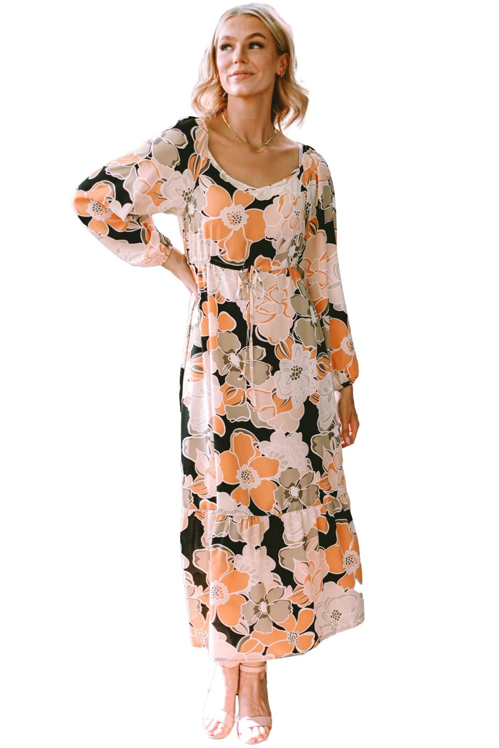 Floral Maxi Dress with Puff Sleeves and Drawstring Waist