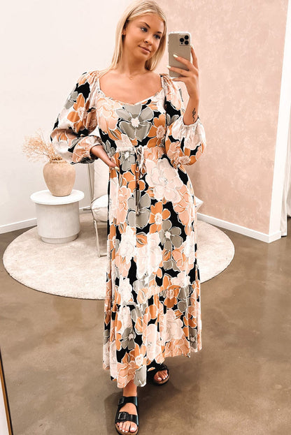 Floral Maxi Dress with Puff Sleeves and Drawstring Waist