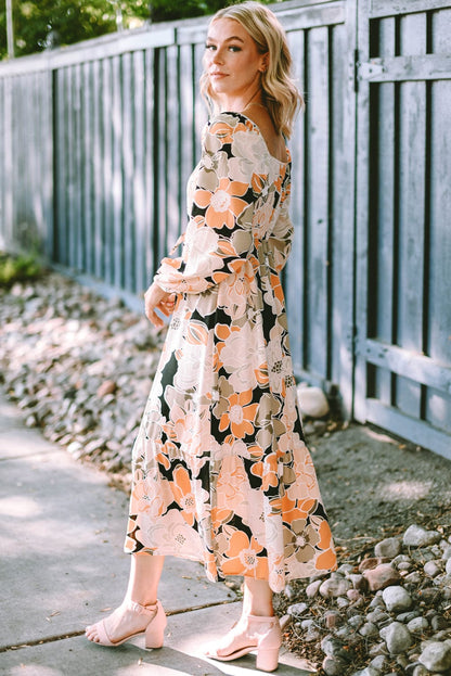Floral Maxi Dress with Puff Sleeves and Drawstring Waist