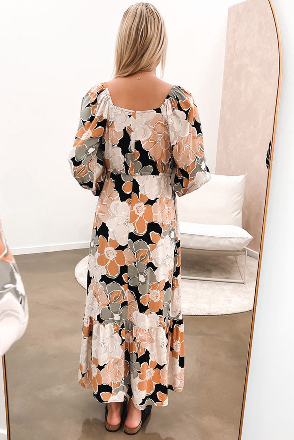 Floral Maxi Dress with Puff Sleeves and Drawstring Waist