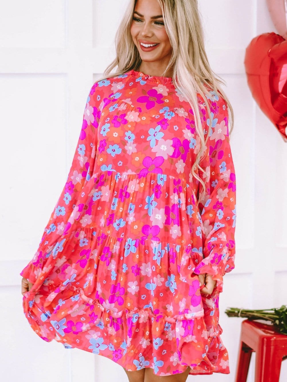 Floral Paradise Tiered Babydoll Dress with Bubble Sleeves