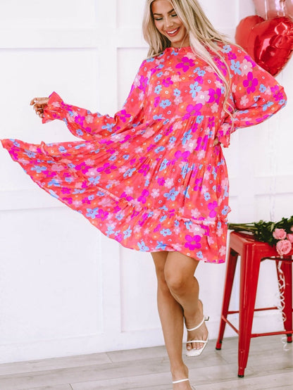 Floral Paradise Tiered Babydoll Dress with Bubble Sleeves