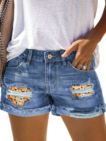 Floral Patchwork Distressed Yellow Denim Shorts