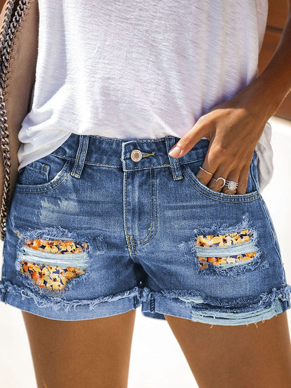 Floral Patchwork Distressed Yellow Denim Shorts