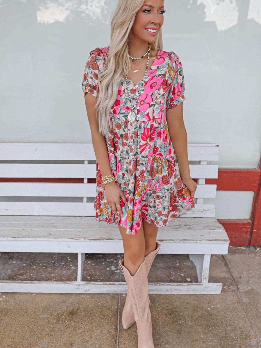 Floral Patchwork Frill Tiered Shift Dress with Vibrant Colors