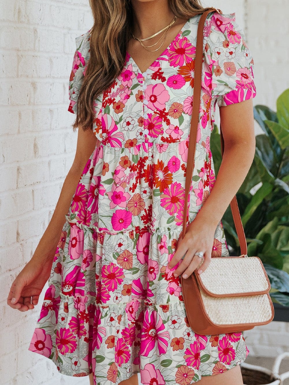 Floral Patchwork Frill Tiered Shift Dress with Vibrant Colors