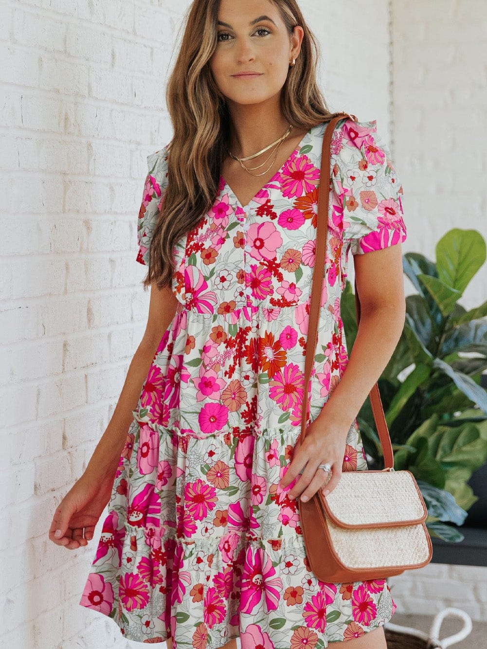 Floral Patchwork Frill Tiered Shift Dress with Vibrant Colors