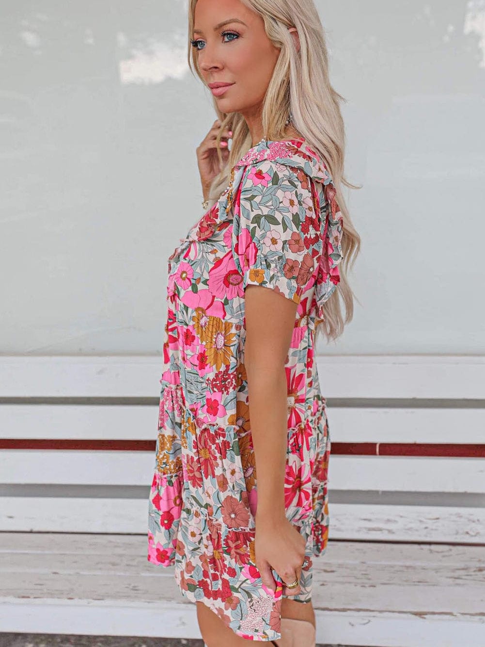 Floral Patchwork Frill Tiered Shift Dress with Vibrant Colors