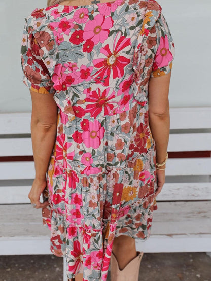 Floral Patchwork Frill Tiered Shift Dress with Vibrant Colors