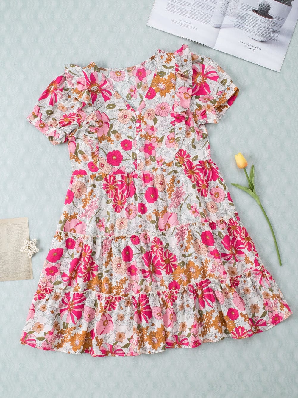 Floral Patchwork Frill Tiered Shift Dress with Vibrant Colors