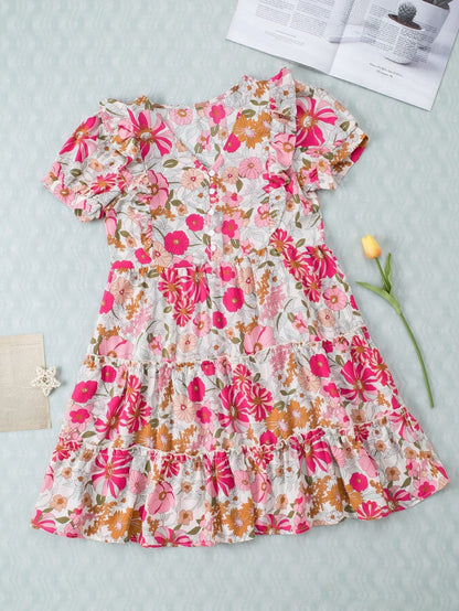 Floral Patchwork Frill Tiered Shift Dress with Vibrant Colors