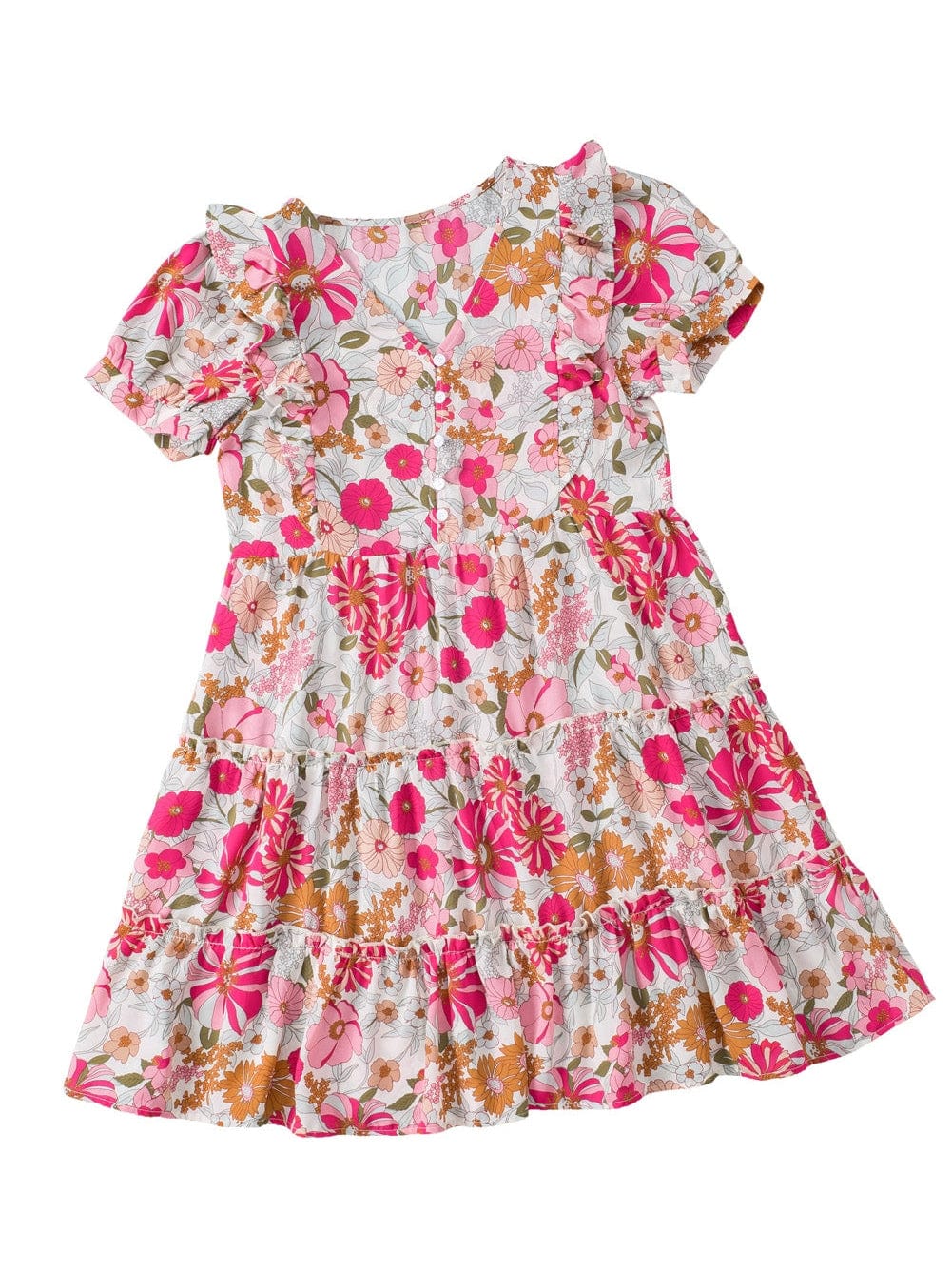 Floral Patchwork Frill Tiered Shift Dress with Vibrant Colors