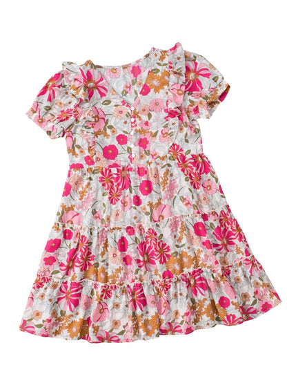 Floral Patchwork Frill Tiered Shift Dress with Vibrant Colors