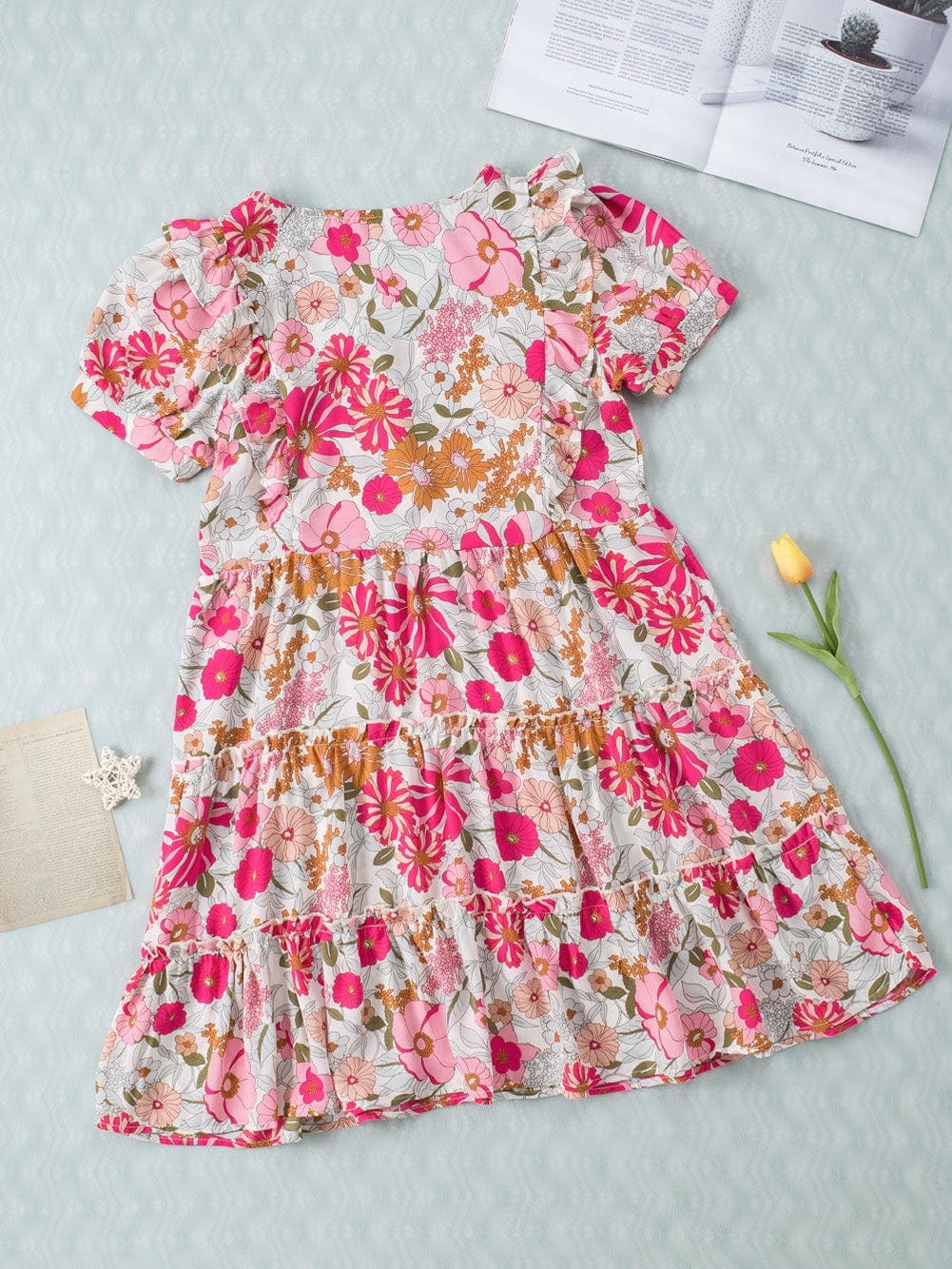 Floral Patchwork Frill Tiered Shift Dress with Vibrant Colors