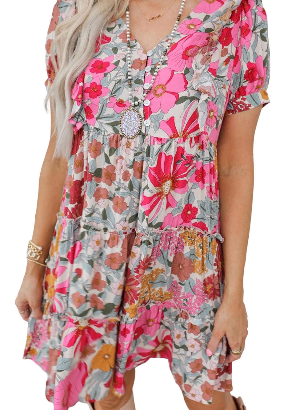 Floral Patchwork Frill Tiered Shift Dress with Vibrant Colors